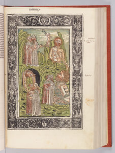 Between the eighth and the ninth circle, Dante and Virgilio encounter the Giants. In the top right hand corner is Nimrod, who speaks unintelligible words, which a reader has transcribed in the margins. In the foreground, we see Ephialtes, who dared to challenge the Olympic gods, and now finds himself in chains. To the left, we see Antaeus, who is going to transport the poets to the lowest level of Hell.