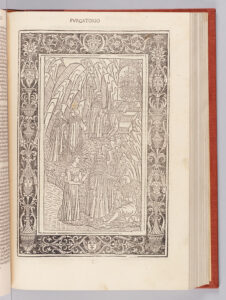 Dante awakes and finds himself at the gates of Purgatory. Virgilio explains that the eagle of his dream was St. Lucy, shown here beside Virgilio, her head surrounded by rays of light. In the middle part of the image, Dante and Virgilio climb the three steps towards the guardian angel (his face so bright that Dante cannot sustain its light (Pg. 9.79-84), who holds a sword with which he will inscribe seven "P"s on Dante's forehead, symbolizing the seven deadly sins.