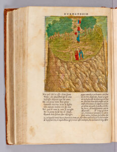 Dante, Stazio and Virgilio reach the forest of the Earthly Paradise. At the top middle of the image Matilda can be seen by the waters of the stream. 