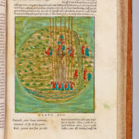Dante, Virgilio and Stazio follow Matilda along the banks of the stream, where they see angels wielding a candelabra with seven candles. A slow-moving procession of twenty-four elders wearing all white follows the candelabra, while the elders are followed by a chariot drawn by a griffin. Three women, one dressed in red, one in green and one in white, dance by, and a group of seven elders, one of whom Dante identifies as Luke, can then be seen.
