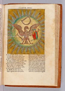 In the Sixth Heaven, the Sphere of Jupiter, Dante and Beatrice watch as the souls move to form letters with their glowing bodies. The M transforms into an eagle, an emblem for Imperial Rome and symbol of justice. 